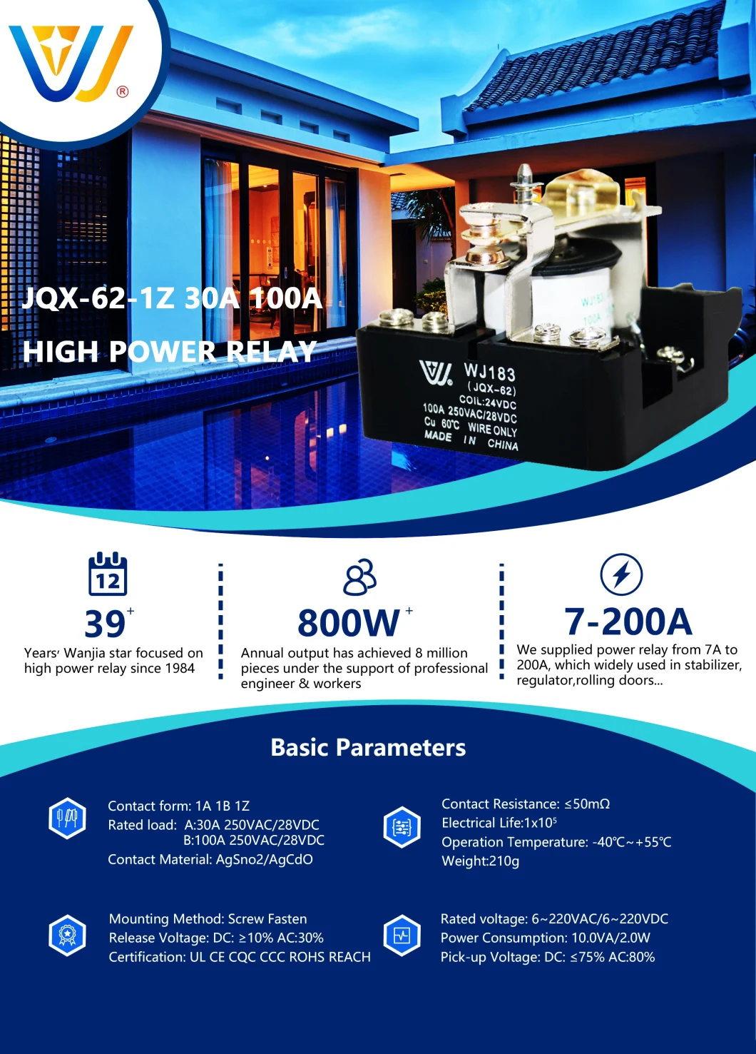 Electromagnetic Relay Jqx-62f Compressor Overload Protector Relay 12VDC 110V for Machine Tool & Electrical Control Equipment Speed-Reducer